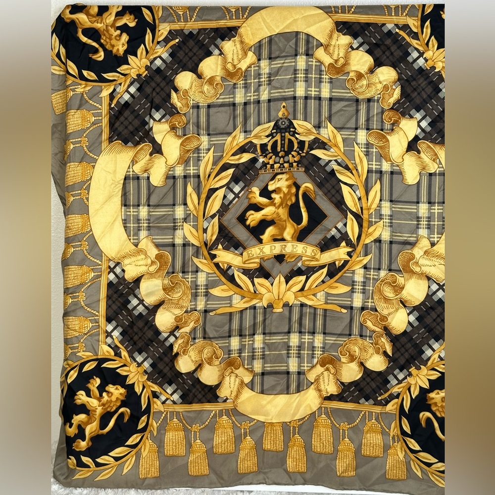 80s Express Silk Scarf Royal Lions Crest Hand Rolled 34” Square Baroque